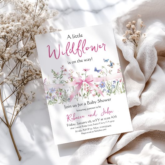 Little Wildflower Floral Girl Pink Bow Baby shower Kaart