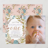 Little Wildflower foto 1e verjaardag uitnodiging (Voorkant / Achterkant)