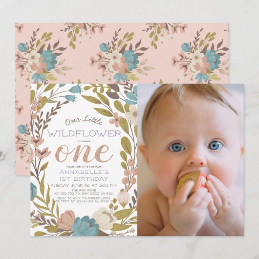 Little Wildflower foto 1e verjaardag uitnodiging (Voorkant / Achterkant)