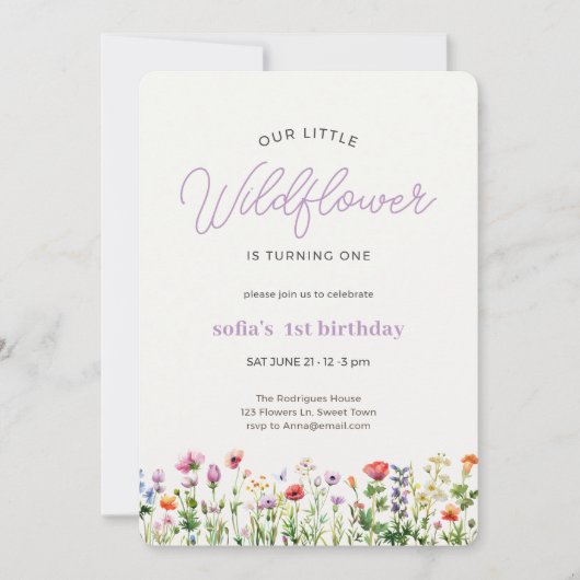 Little Wildflower Girl 1e verjaardag uitnodiging (Voorkant)