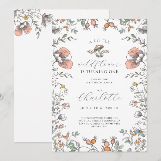 Little Wildflower Girl 1st Birthday Kaart (Voorkant / Achterkant)