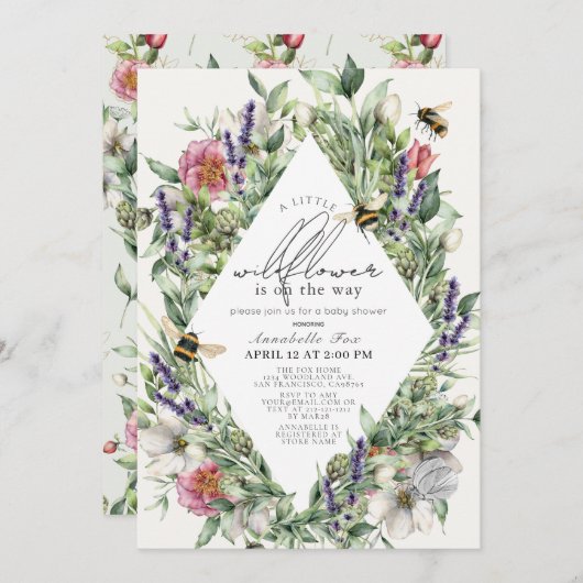 Little Wildflower Greenery Rhombus Baby shower Kaart (Voorkant / Achterkant)