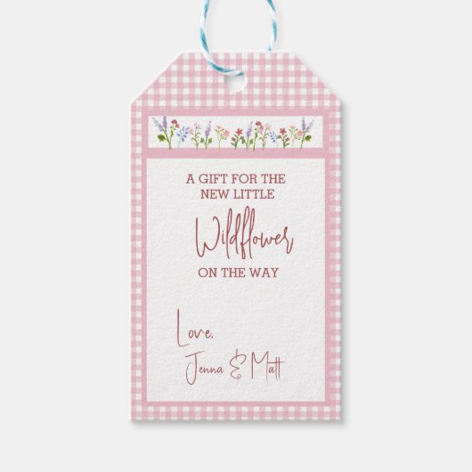 Little Wildflower Pink Gingham Check Baby shower Cadeaulabel (Voorkant)