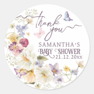 Little Wildflower rustic paars Baby shower Dank Ronde Sticker