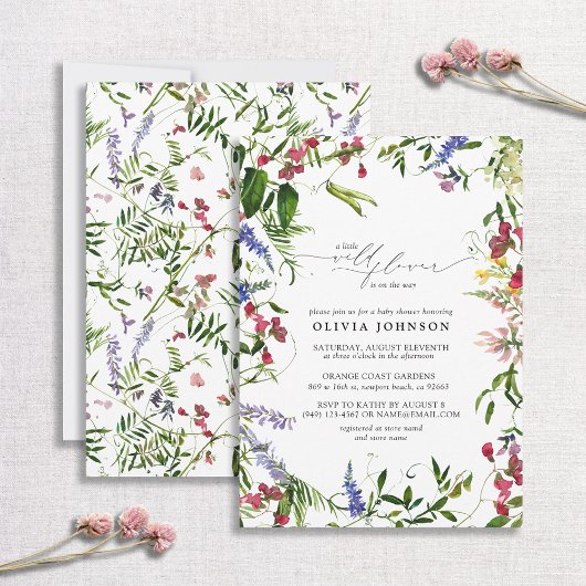 Little Wildflower Script Floral Baby shower Kaart