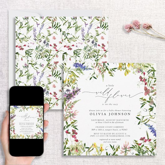 Little Wildflower Script Meisje Bloemen Baby showe Kaart
