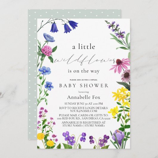 Little Wildflower Script Virtual Baby shower Kaart (Voorkant / Achterkant)