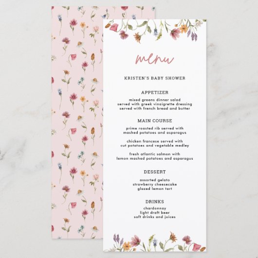 Little Wildflower Spring Girl Baby shower Menu (Voorkant / Achterkant)