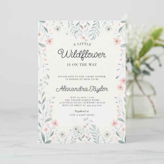 Little Wildflower Tiny Periwinkle Baby Girl Shower Kaart (Staand voorkant)
