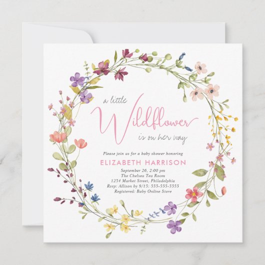 Little Wildflower Waterverf Roze Baby Meisje Douch Kaart (Voorkant)