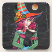 Little Wings Witch en Winged Cat Halloween Art Drankjes Onderzetter (Voorkant)