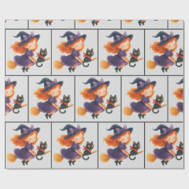 Little Witch Cat Flying Halloween Girl Baby Shower Cadeaupapier
