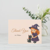 Little Witch & Cat Halloween Baby Shower Bedankkaart (Staand voorkant)