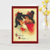 Little Witch en Black Cat  Halloween Kaart (Gele Bloem)