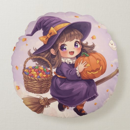 Little Witch Flying with Pumpkin Pillow Rond Kussen (Voorkant)