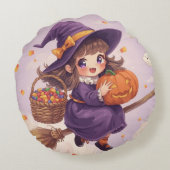 Little Witch Flying with Pumpkin Pillow Rond Kussen (Achterkant)