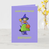 Little Witch paarse Halloween Verjaardag Kaart (Gele Bloem)