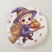 Little Witch with Pumpkin Round Pillow Rond Kussen (Achterkant)