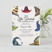 Little Wizards Twin Boys Halloween Baby shower Kaart (Staand voorkant)