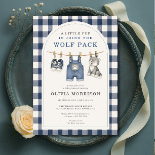 Little Wolf Gingham Waslijn Baby Shower Uitnodigin Kaart