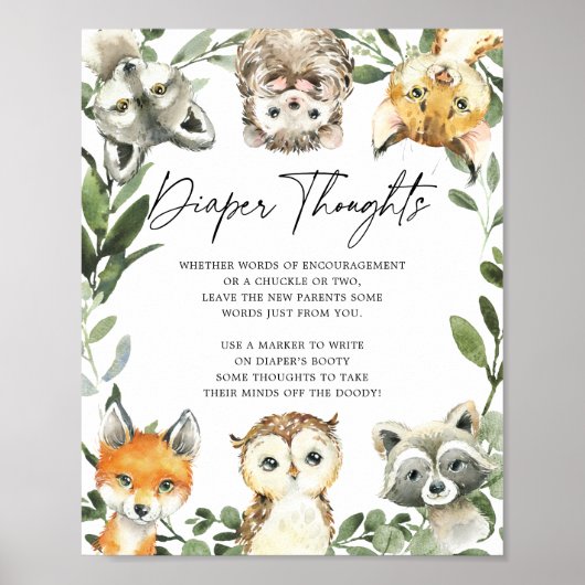 Little Woodland Baby shower Diaper Thoughts Sign Poster (Voorkant)