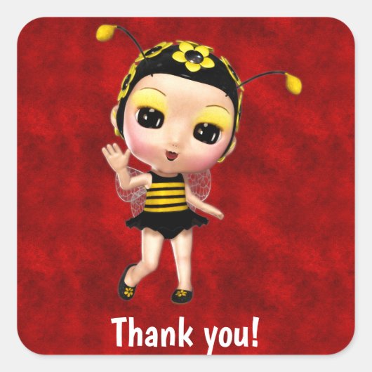 Little Yellow Bumblebee Fairy Doll op Red Velvet Vierkante Sticker (Voorkant)