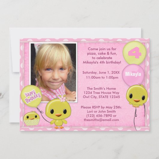 Little Yellow Chick Birthday Invitation roink Kaart (Voorkant)