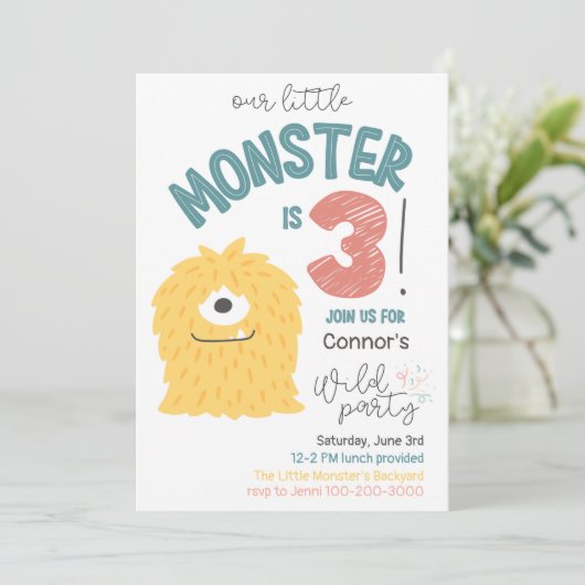 Little Yellow Monster 3e verjaardag uitnodiging (Staand voorkant)
