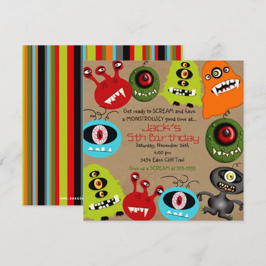 LittleBeane Monsters-uitnodiging Kaart (Voorkant / Achterkant)