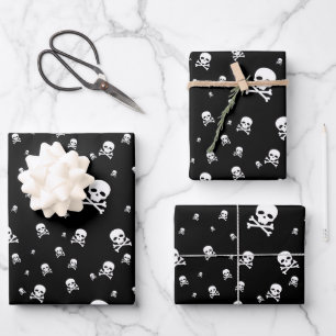 Littles White Pirates Skulls on Black Background Inpakpapier Vel