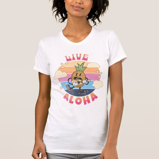 Live Aloha Kawaii Pineapple die ukulele speelt T-shirt (Voorkant)