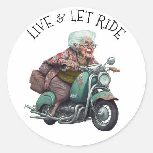 Live and Let Ride Motorfiets Oma Ronde Sticker (Voorkant)