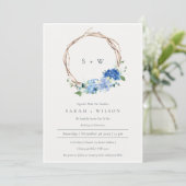 Live Blue Floral Wreath Monogram Wedding Invite Bedankkaart (Staand voorkant)
