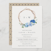 Live Blue Floral Wreath Monogram Wedding Invite Bedankkaart (Voorkant / Achterkant)