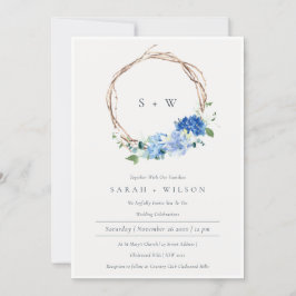 Live Blue Floral Wreath Monogram Wedding Invite Bedankkaart