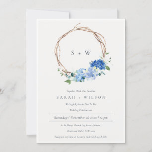 Live Blue Floral Wreath Monogram Wedding Invite Bedankkaart