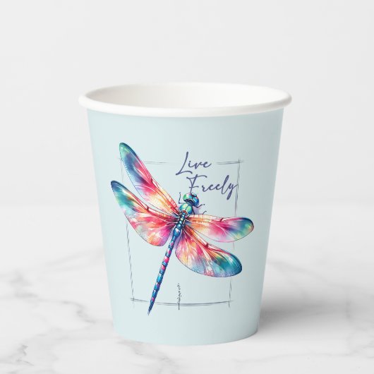 Live Freely - Dragonfly Kleurrijk Inspirerend Papieren Bekers (Voorkant)