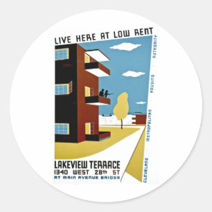 Live hier op lage huur ronde sticker