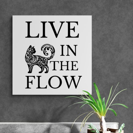 Live in The Flow artistiek kattensilhouet. Canvas Afdruk
