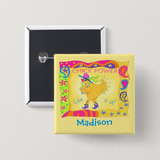 Live it Up Yellow Chick Power Name Badge Vierkante Button 5,1 Cm (Voorkant /achterkant)