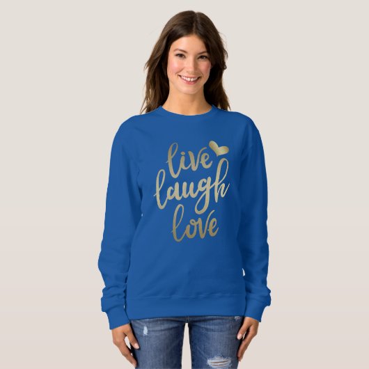 Live Lach Liefde Faux Gold Lettering Deep Royal Trui (Voorkant volledig)
