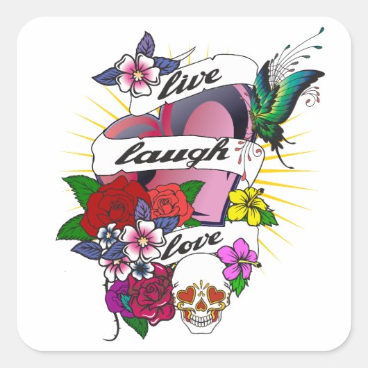 Live Lach Liefde Hart Tattoo Design Vierkante Sticker (Voorkant)