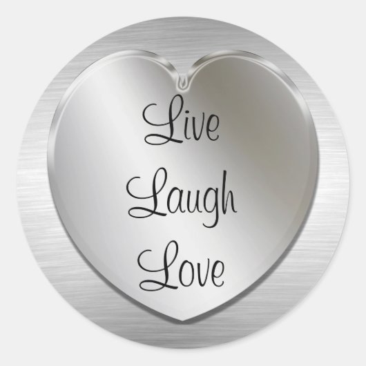 Live Lach Liefde Op Zilveren Hart Ronde Sticker (Voorkant)