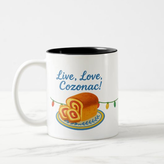 Live Laugh Cozonac Romanian String lights Tweekleurige Koffiemok (Links)