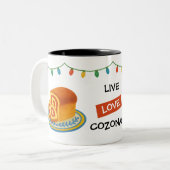 Live Laugh Cozonac Romanian String lights Tweekleurige Koffiemok (Voorkant links)