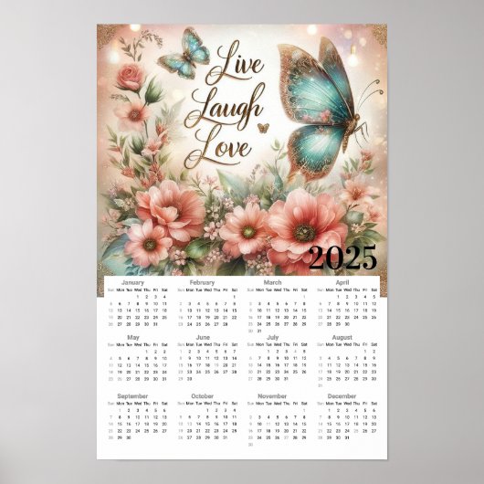 Live Laugh Love Bloemen en Vlinders Kalender Poster (Voorkant)