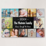 Live, Laugh & Love Family Photo Collage Legpuzzel<br><div class="desc">Moderne familiefoillapuzzel. Upload eenvoudig 12 vierkante afbeeldingen en pas de test in het centrum aan.</div>