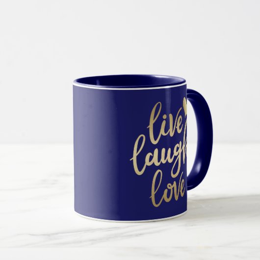 Live Laugh Love Faux Gold Lettering Navy Blue Mok (Voorkant rechts)