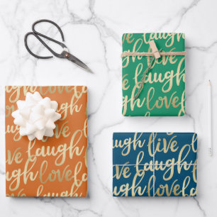 Live Laugh Love Faux Gold Lettering Pattern Inpakpapier Vel