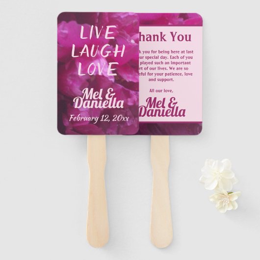 Live Laugh Love Paars Peony Wedding Bedankt Handwaaier (Voorkant en achterkant)